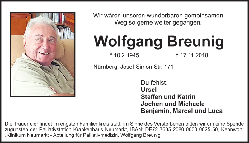  Traueranzeige für Wolfgang Breunig vom 20.11.2018 aus Gesamtausgabe Nürnberger Nachrichten/ Nürnberger Ztg.