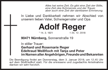 Traueranzeige von Adolf Reger von Gesamtausgabe Nürnberger Nachrichten/ Nürnberger Ztg.