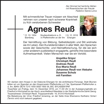 Traueranzeige von Agnes Reuß von Erlanger Nachrichten/ Nordbayer. Nachrichten Herzogenaurach/ Nordbayer. Nachrichten Forchheim