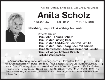Traueranzeige von Anita Scholz von Gesamtausgabe Nürnberger Nachrichten/ Nürnberger Ztg.