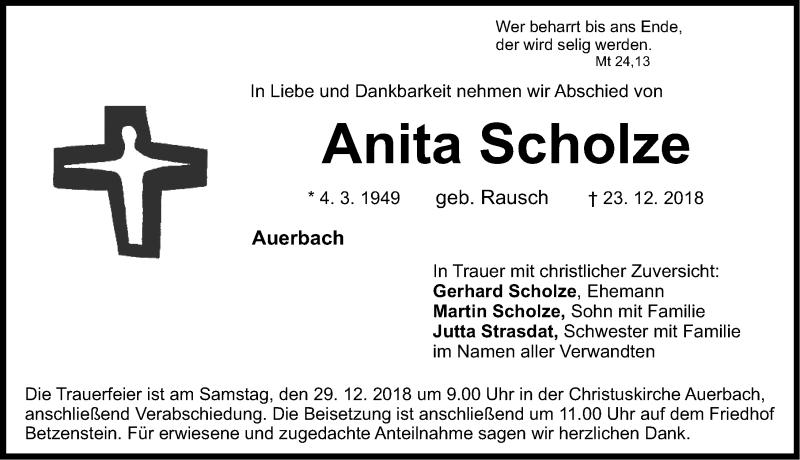  Traueranzeige für Anita Scholze vom 27.12.2018 aus Nordbayerische Nachrichten Pegnitz Lokal