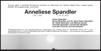 Traueranzeige von Anneliese Spandler von Gesamtausgabe Nürnberger Nachrichten/ Nürnberger Ztg.