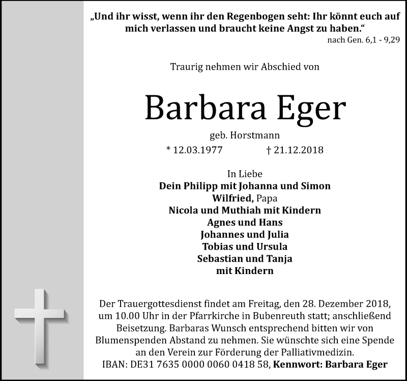  Traueranzeige für Barbara Eger vom 24.12.2018 aus Erlanger Nachrichten Lokal