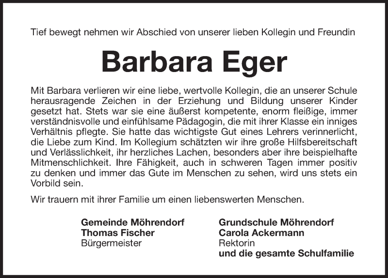  Traueranzeige für Barbara Eger vom 29.12.2018 aus Erlanger Nachrichten Lokal