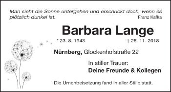 Traueranzeige von Barbara Lange von Gesamtausgabe Nürnberger Nachrichten/ Nürnberger Ztg.