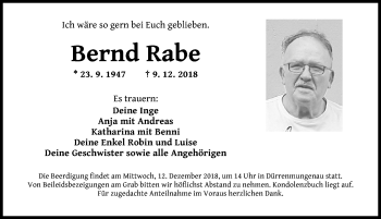 Traueranzeige von Bernd Rabe von Schwabach
