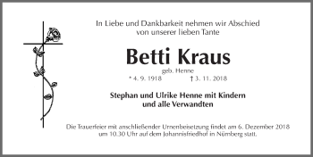 Traueranzeige von Betti Kraus von Gesamtausgabe Nürnberger Nachrichten/ Nürnberger Ztg.