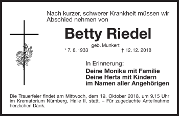 Traueranzeige von Betty Riedel von Gesamtausgabe Nürnberger Nachrichten/ Nürnberger Ztg.