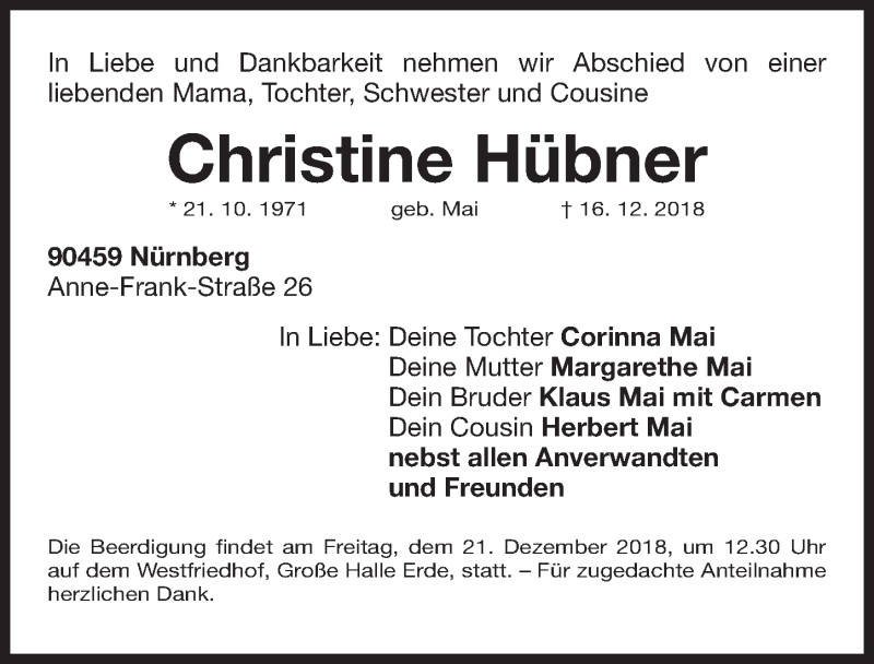  Traueranzeige für Christine Hübner vom 20.12.2018 aus Gesamtausgabe Nürnberger Nachrichten/ Nürnberger Ztg.