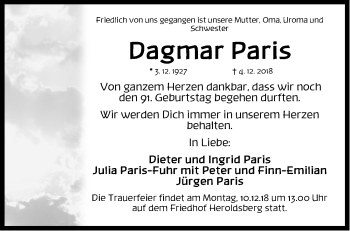 Traueranzeige von Dagmar Paris von Gesamtausgabe Nürnberger Nachrichten/ Nürnberger Ztg.