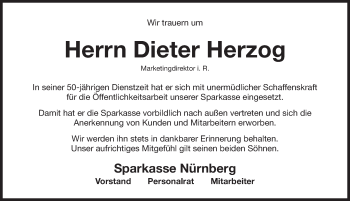 Traueranzeige von Dieter Herzog von Gesamtausgabe Nürnberger Nachrichten/ Nürnberger Ztg.