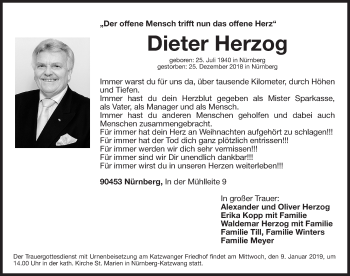 Traueranzeige von Dieter Herzog von Gesamtausgabe Nürnberger Nachrichten/ Nürnberger Ztg.