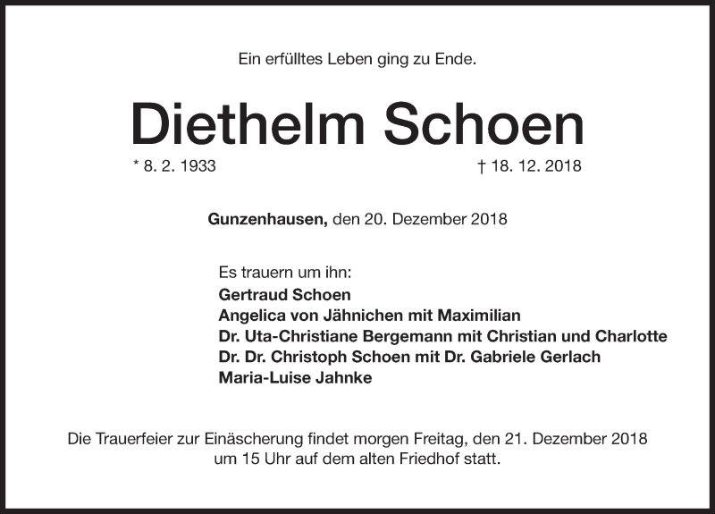  Traueranzeige für Diethelm Schoen vom 20.12.2018 aus Altmühl-Bote Lokal