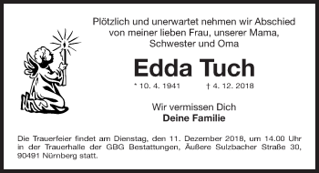 Traueranzeige von Edda Tuch von Gesamtausgabe Nürnberger Nachrichten/ Nürnberger Ztg.