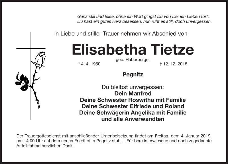 Traueranzeige für Elisabetha Tietze vom 28.12.2018 aus Nordbayerische Nachrichten Pegnitz Lokal