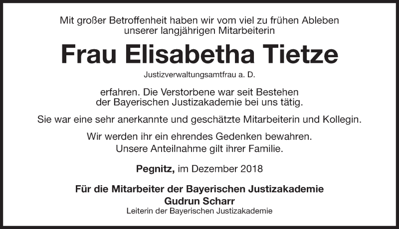  Traueranzeige für Elisabetha Tietze vom 28.12.2018 aus Nordbayerische Nachrichten Pegnitz Lokal
