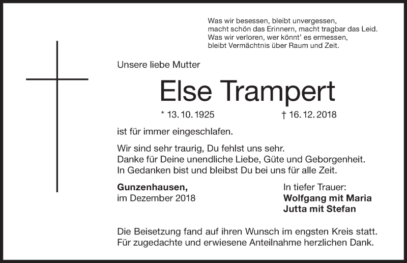  Traueranzeige für Else Trampert vom 28.12.2018 aus Altmühl-Bote Lokal