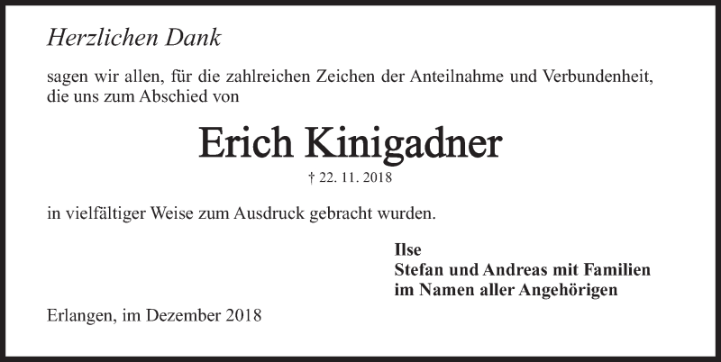  Traueranzeige für Erich Kinigadner vom 22.12.2018 aus Erlanger Nachrichten Lokal
