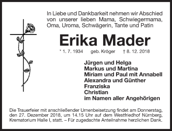 Traueranzeige von Erika Mader von Gesamtausgabe Nürnberger Nachrichten/ Nürnberger Ztg.