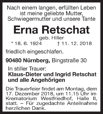 Traueranzeige von Erna Retschat von Gesamtausgabe Nürnberger Nachrichten/ Nürnberger Ztg.