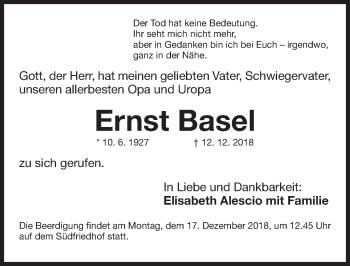 Traueranzeige von Ernst Basel von Gesamtausgabe Nürnberger Nachrichten/ Nürnberger Ztg.