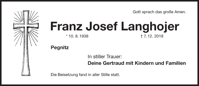  Traueranzeige für Franz Josef Langhojer vom 29.12.2018 aus Nordbayerische Nachrichten Pegnitz Lokal