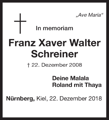 Traueranzeige von Franz Xaver Walter Schreiner von Gesamtausgabe Nürnberger Nachrichten/ Nürnberger Ztg.