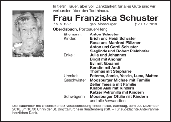 Traueranzeige von Franziska Schuster von Neumarkter Nachrichten Lokal