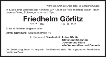 Traueranzeige von Friedhelm Görlitz von Gesamtausgabe Nürnberger Nachrichten/ Nürnberger Ztg.