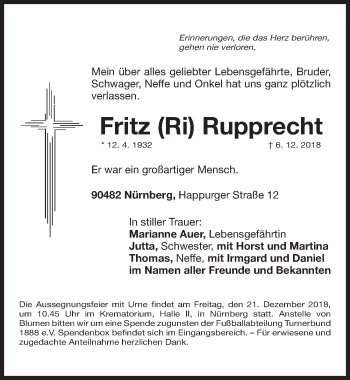 Traueranzeige von Fritz Rupprecht von Gesamtausgabe Nürnberger Nachrichten/ Nürnberger Ztg.