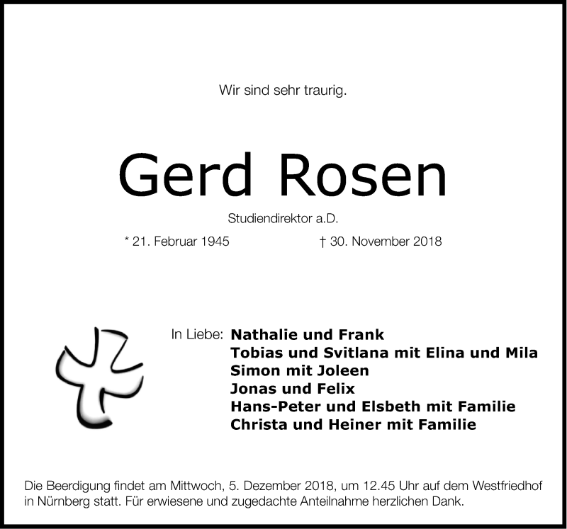  Traueranzeige für Gerd Rosen vom 03.12.2018 aus Gesamtausgabe Nürnberger Nachrichten/ Nürnberger Ztg.