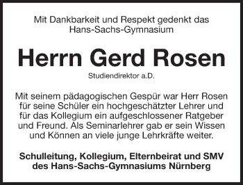Traueranzeige von Gerd Rosen von Gesamtausgabe Nürnberger Nachrichten/ Nürnberger Ztg.