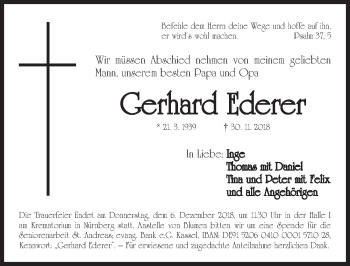 Traueranzeige von Gerhard Ederer von Gesamtausgabe Nürnberger Nachrichten/ Nürnberger Ztg.