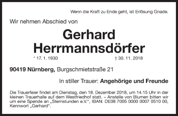 Traueranzeige von Gerhard Herrmannsdörfer von Gesamtausgabe Nürnberger Nachrichten/ Nürnberger Ztg.