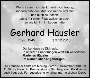 Traueranzeige von Gerhard Häusler von Gesamtausgabe Nürnberger Nachrichten/ Nürnberger Ztg.