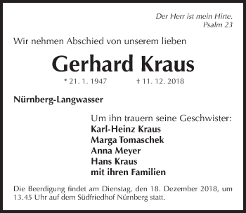 Traueranzeige von Gerhard Kraus von Gesamtausgabe Nürnberger Nachrichten/ Nürnberger Ztg.