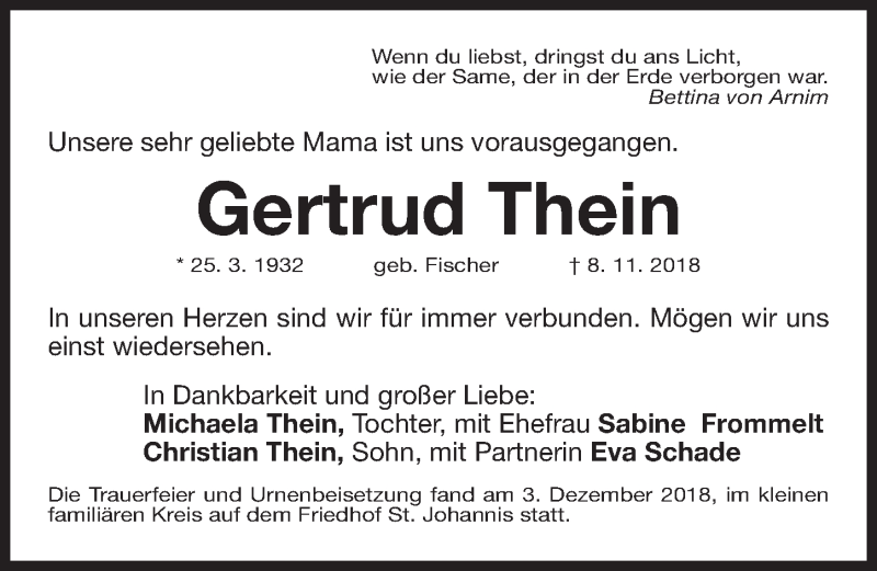  Traueranzeige für Gertrud Thein vom 08.12.2018 aus Gesamtausgabe Nürnberger Nachrichten/ Nürnberger Ztg.