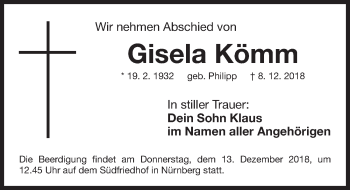 Traueranzeige von Gisela Kömm von Gesamtausgabe Nürnberger Nachrichten/ Nürnberger Ztg.