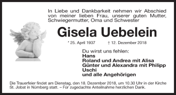 Traueranzeige von Gisela Uebelein von Gesamtausgabe Nürnberger Nachrichten/ Nürnberger Ztg.