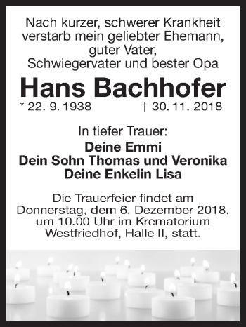 Traueranzeige von Hans Bachhofer von Gesamtausgabe Nürnberger Nachrichten/ Nürnberger Ztg.