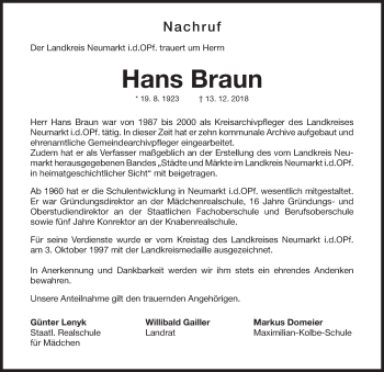Traueranzeige von Hans Braun von Neumarkter Nachrichten Lokal