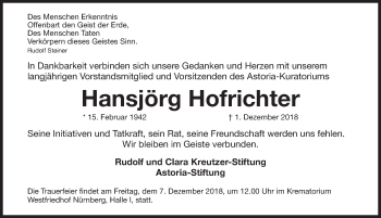 Traueranzeige von Hansjörg Hofrichter von Gesamtausgabe Nürnberger Nachrichten/ Nürnberger Ztg.