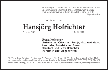 Traueranzeige von Hansjörg Hofrichter von Gesamtausgabe Nürnberger Nachrichten/ Nürnberger Ztg.