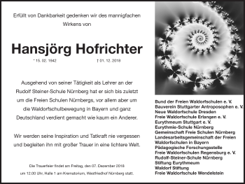 Traueranzeige von Hansjörg Hofrichter von Gesamtausgabe Nürnberger Nachrichten/ Nürnberger Ztg.