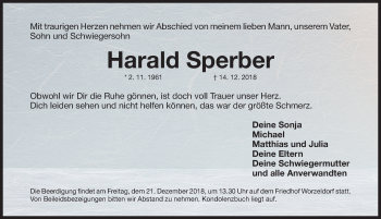 Traueranzeige von Harald Sperber von Gesamtausgabe Nürnberger Nachrichten/ Nürnberger Ztg.