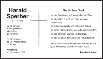 Traueranzeige von Harald Sperber von Gesamtausgabe Nürnberger Nachrichten/ Nürnberger Ztg.