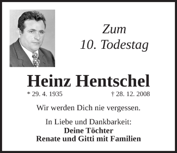 Traueranzeige von Heinz Hentschel von Nordbayerische Nachrichten Pegnitz Lokal