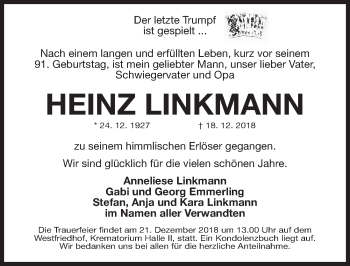 Traueranzeige von Heinz Linkmann von Gesamtausgabe Nürnberger Nachrichten/ Nürnberger Ztg.