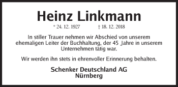 Traueranzeige von Heinz Linkmann von Gesamtausgabe Nürnberger Nachrichten/ Nürnberger Ztg.