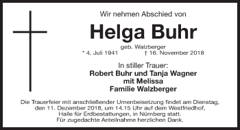 Traueranzeige von Helga Buhr von Gesamtausgabe Nürnberger Nachrichten/ Nürnberger Ztg.